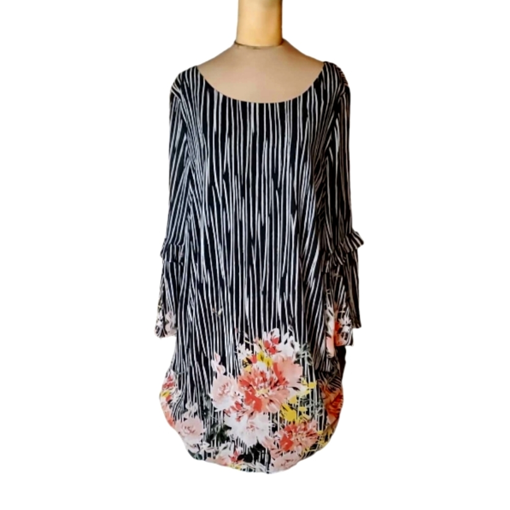 LUXOLOGY Black & White Stripe Pullover Top Pink Yellow Flowers Flair Sleeves Bow